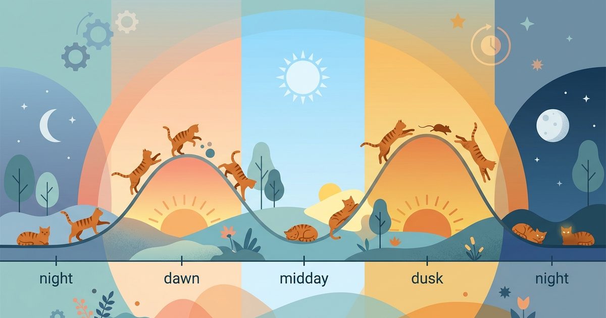 An orange tabby cat shown as small silhouettes across a simple day-cycle diagram, activity peaks at dawn and dusk, low at midday and night, flat vector editorial style
