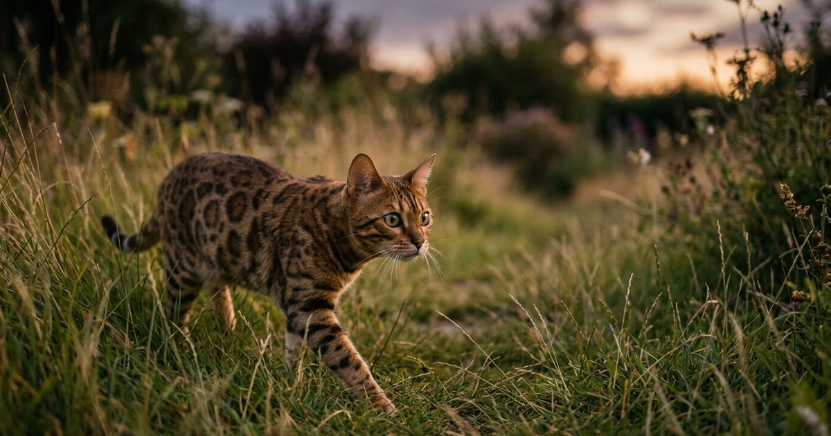 A Bengal cat with a wild-looking spotted golden-brown coat prowling low through soft twilight grass at dusk, ears pricked forward and wide-focused hunter eyes