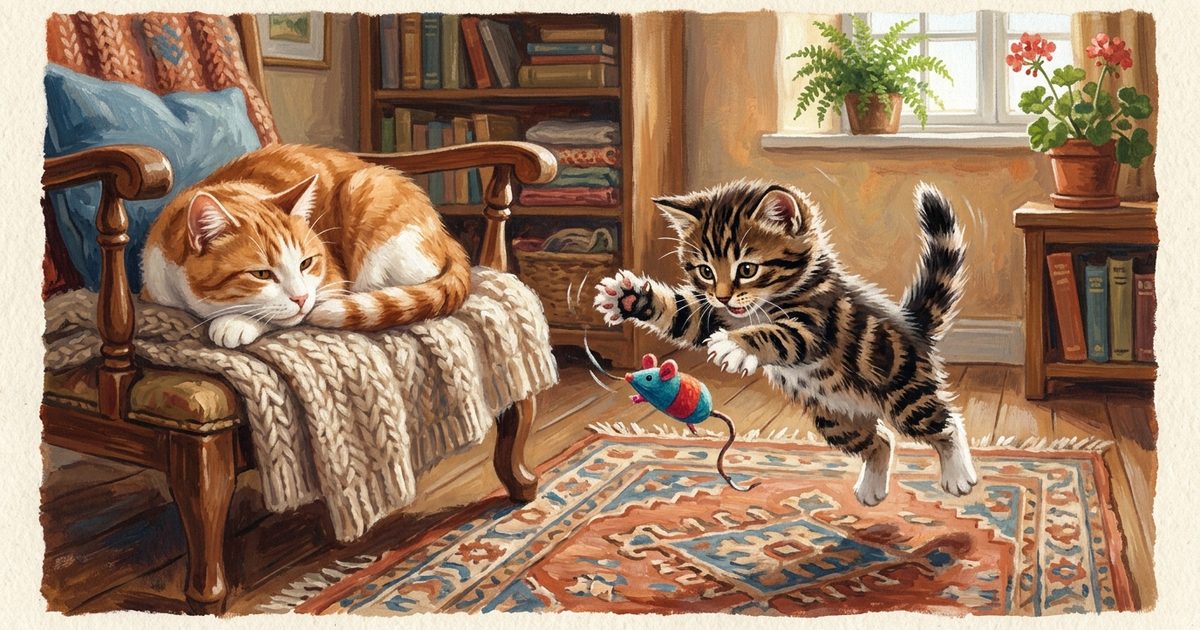 A small brown tabby kitten with bold black stripes mid-pounce in a frantic play burst, wide-eyed with excitement, beside a calm older gray cat resting and watching quietly, cozy generational gouache painting