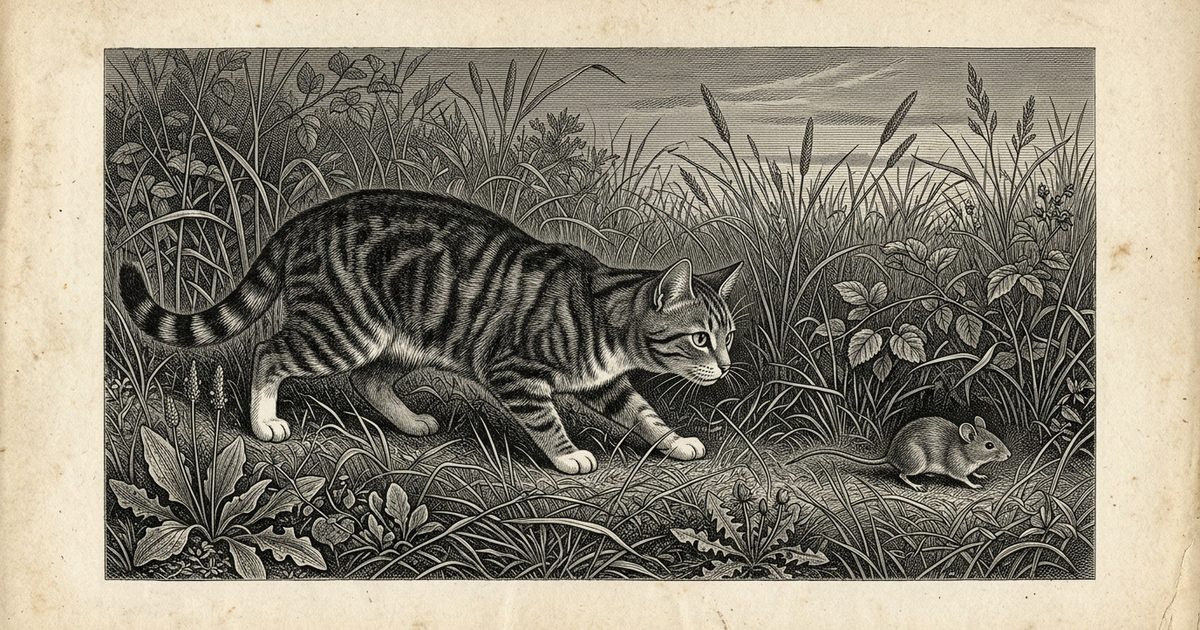 A gray tabby cat with dark charcoal stripes and white paws stalking a small rodent through twilight meadow grass, vintage encyclopedia natural-history engraving with fine cross-hatching