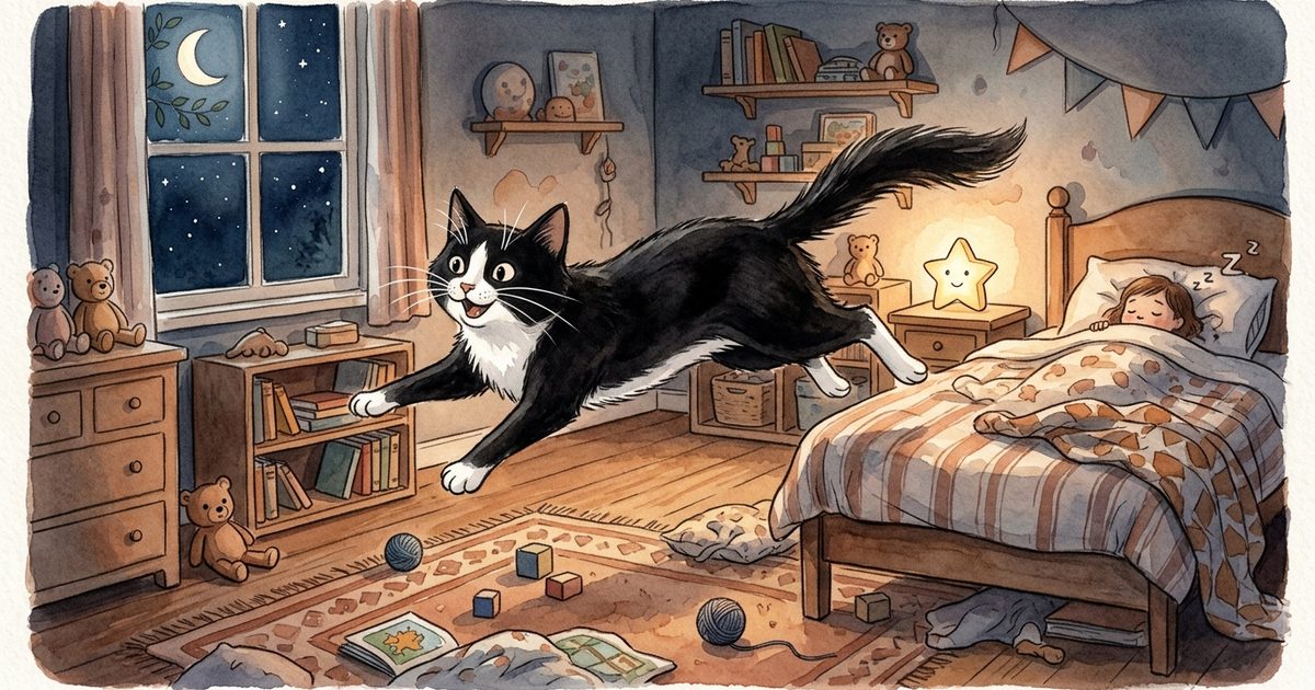 A tuxedo cat with black coat and white chest mid-leap across a dim bedroom, tail flared and wide joyful eyes, playful midnight-energy watercolor storybook illustration