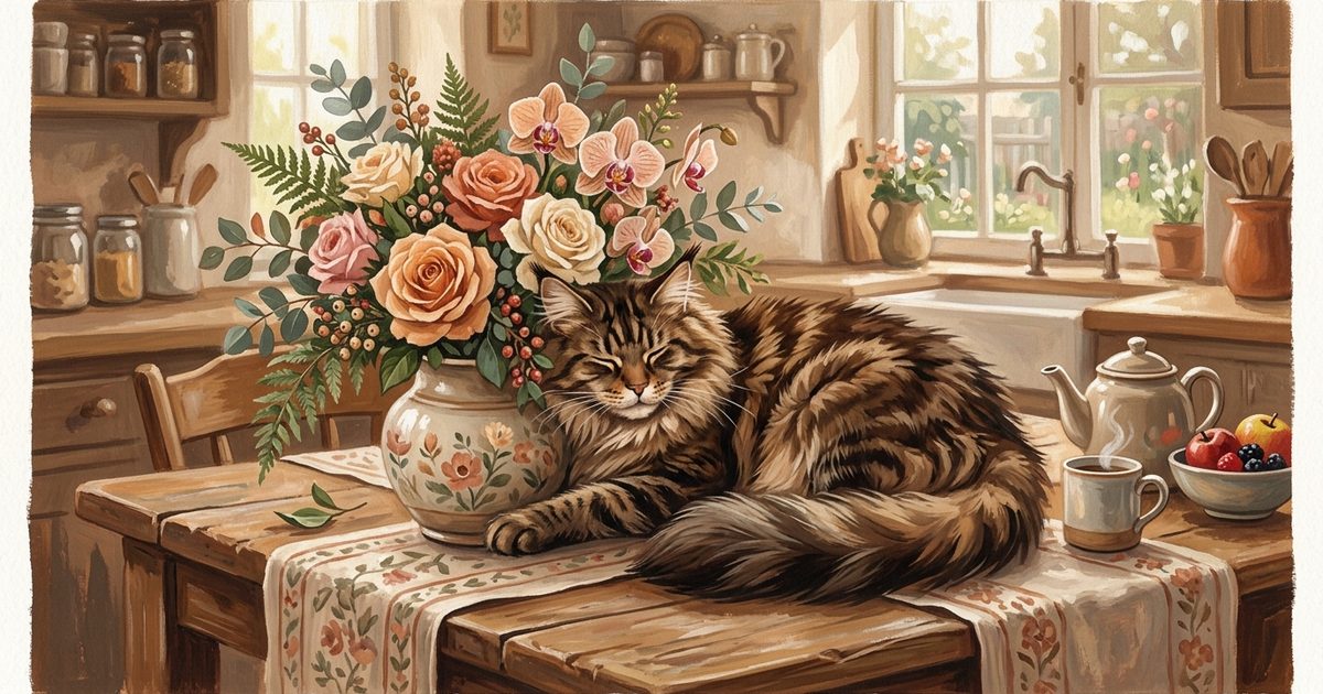 A large Maine Coon cat with long fluffy brown tabby fur and tufted ears resting contentedly among a safe arrangement of roses and orchids, warm gouache painting in a reassuring domestic mood