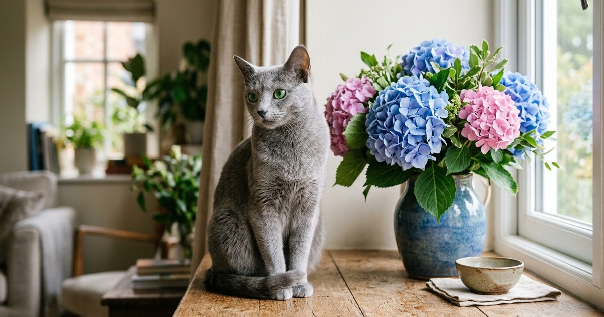 A Russian Blue cat with a dense silvery-blue coat and vivid green eyes sitting calmly near a lush bouquet of blue and pink hydrangeas, ears forward and expression quietly watchful