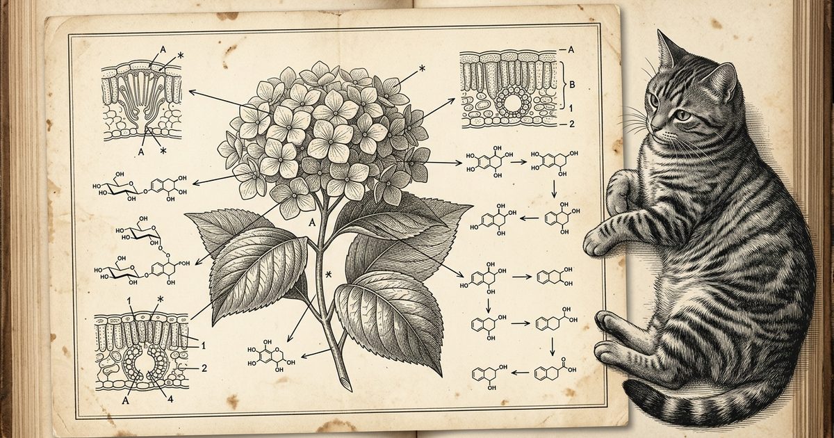 A gray tabby cat beside a vintage encyclopedia engraving of a hydrangea bloom annotated with cyanogenic-glycoside and cyanide-release callouts in antique science-manual style