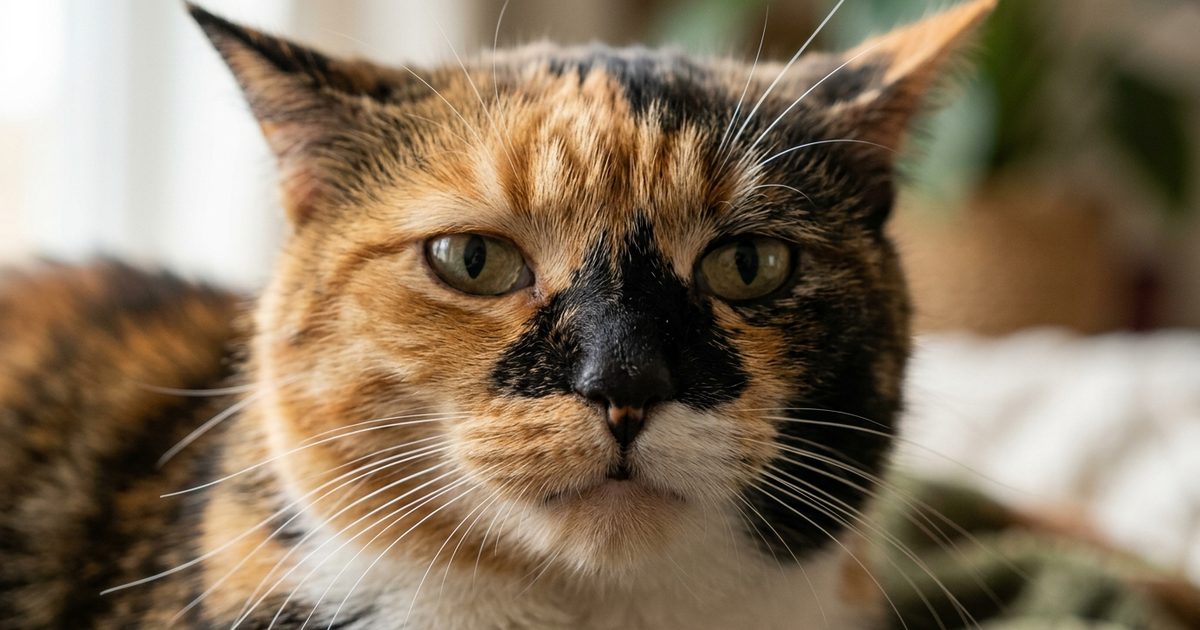 A calico cat in macro close-up with whiskers and muzzle in sharp focus, ears slightly angled back and a subdued quiet expression conveying mild malaise without depicting illness