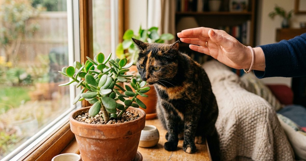 A tortoiseshell cat with mottled black and orange fur and no white sniffing a potted jade plant on a sunny windowsill, ears forward with curious-cautious energy, an owner's hand gently hovering nearby