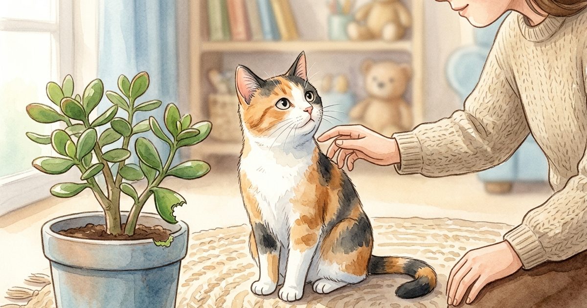 A calico cat with patches of orange, black, and white fur sitting beside a jade plant with one small nibbled leaf edge