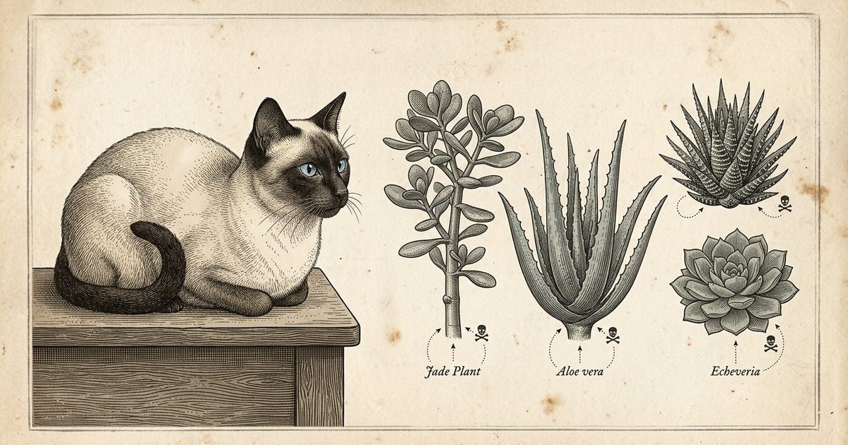 A Siamese cat with a cream body and dark seal-brown points beside a botanical engraving comparing jade, aloe, haworthia, and echeveria