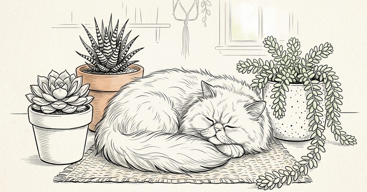 A Persian cat with long silver fur curled among safe succulents including haworthia, echeveria, and a trailing burro's tail