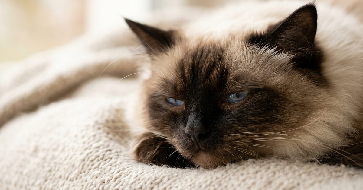 A Ragdoll cat with cream fur and a dark brown colorpoint face, wide blue eyes holding a subdued low-energy expression