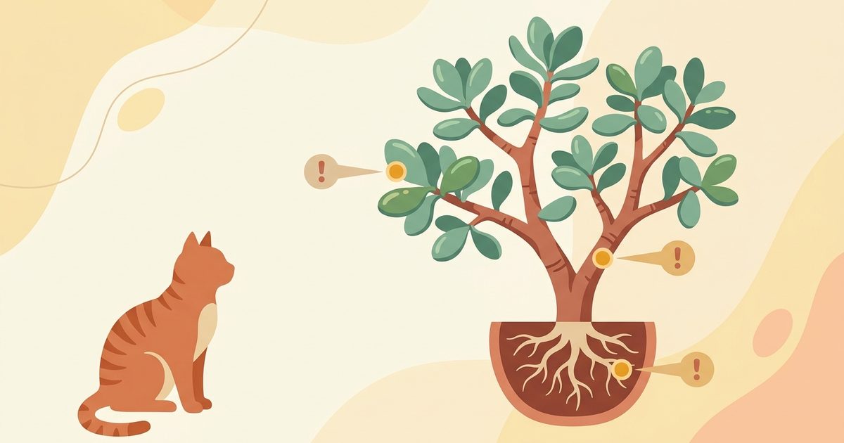 A ginger orange tabby cat beside a jade plant diagram, each leaf stem and root marked with a caution dot