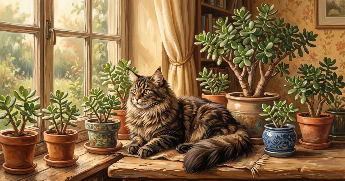 A large Maine Coon cat with fluffy brown tabby fur and tufted ears sitting on a windowsill lined with potted jade plants