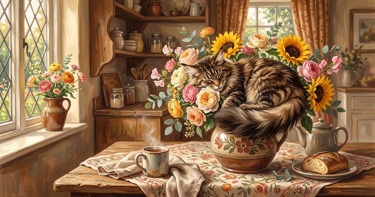 A large Maine Coon cat with long fluffy brown tabby fur and tufted ears curled among a safe arrangement of roses and sunflowers in a ceramic vase, warm reassuring gouache mood