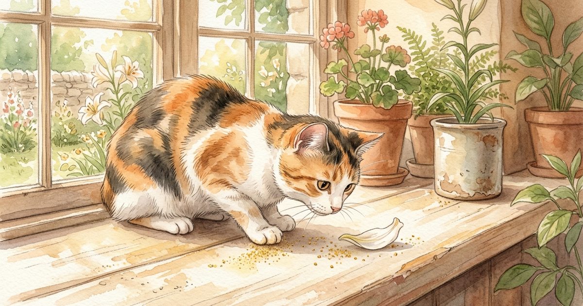 A calico cat with patches of orange, black, and white fur leaning toward a single fallen lily petal on a windowsill, fine golden pollen dust near its paw, soft watercolor mood