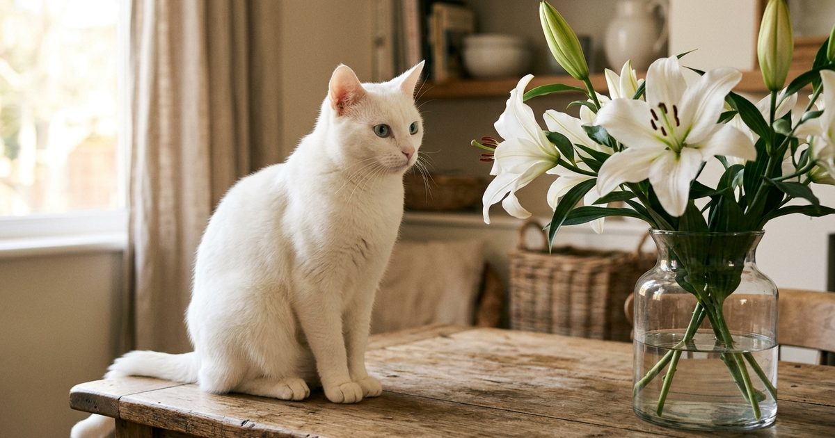 A white short-haired cat with pale blue-green eyes sitting beside a vase of white lilies on a wooden surface, alert and cautious posture