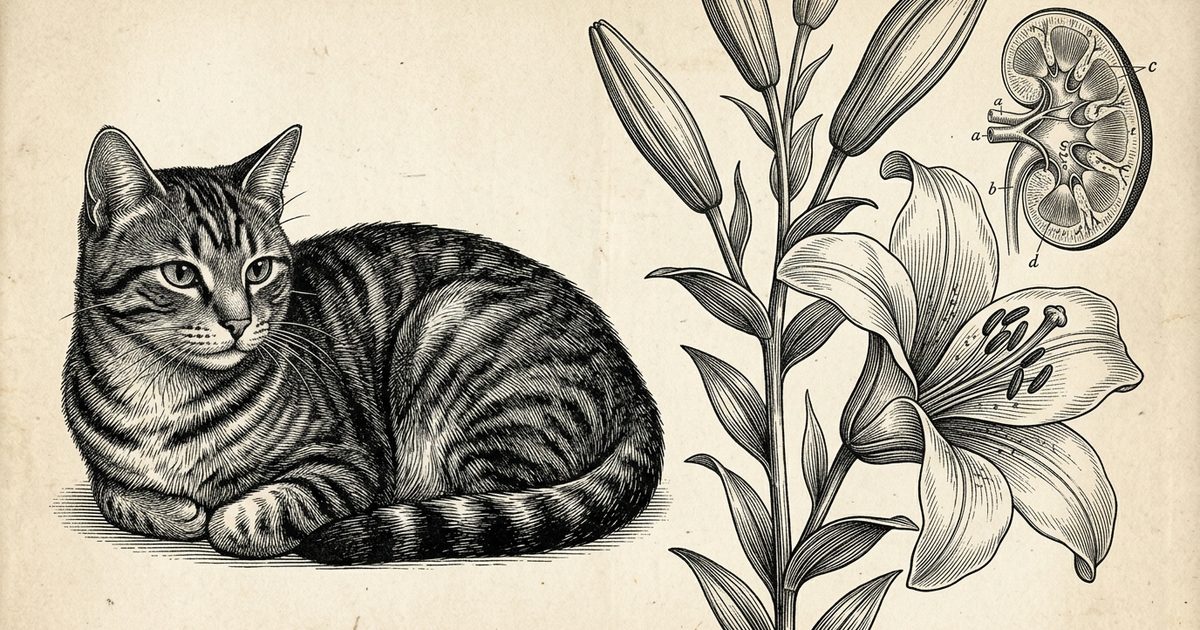 A gray tabby cat with dark charcoal stripes beside a vintage botanical engraving of a lily paired with an annotated kidney illustration, antique science-manual style