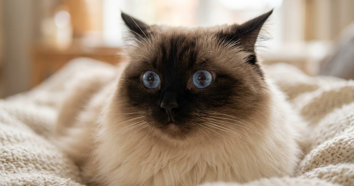 A Ragdoll cat with long silky cream fur and a dark brown colorpoint face in macro close-up, ears angled back, wide striking blue eyes holding a subdued worried expression