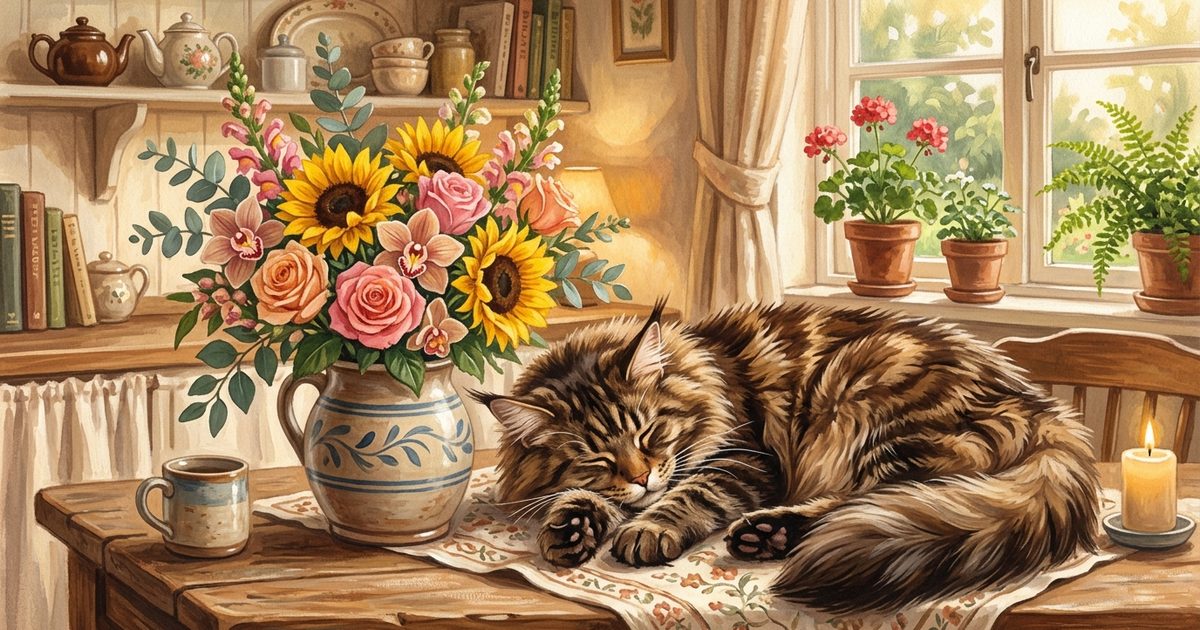 A gouache painting of a large Maine Coon cat with fluffy brown tabby fur curled beside a vase of cat-safe roses orchids and sunflowers