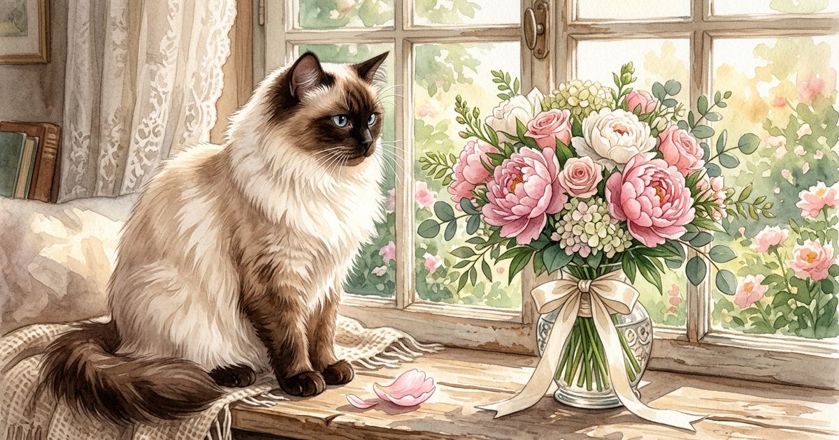 A watercolor illustration of a Ragdoll cat with cream fur and blue eyes resting near a vase of pink peonies
