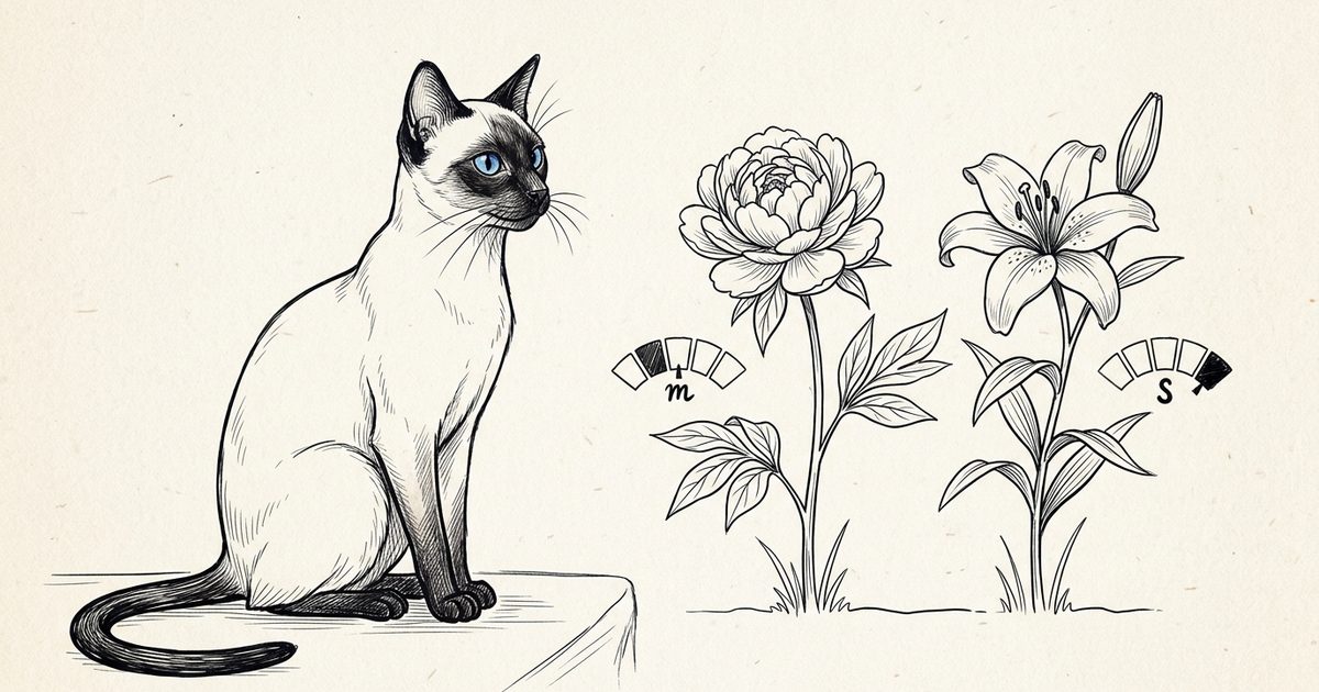 An ink line-art sketch of a Siamese cat with cream body and dark brown points beside a drawing placing a peony and a lily side by side