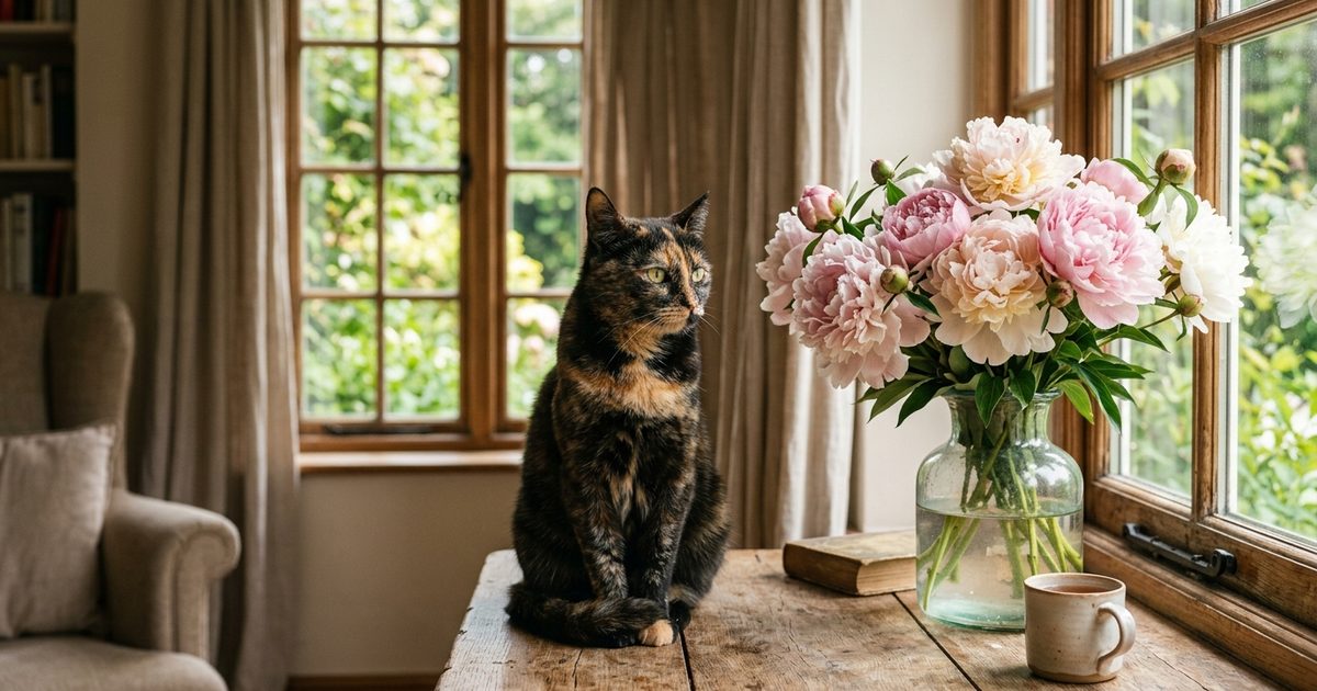 A tortoiseshell cat with mottled black and orange fur sitting beside a glass vase of pink and white peonies on a wooden table, ears forward and posture watchful, warm domestic caution