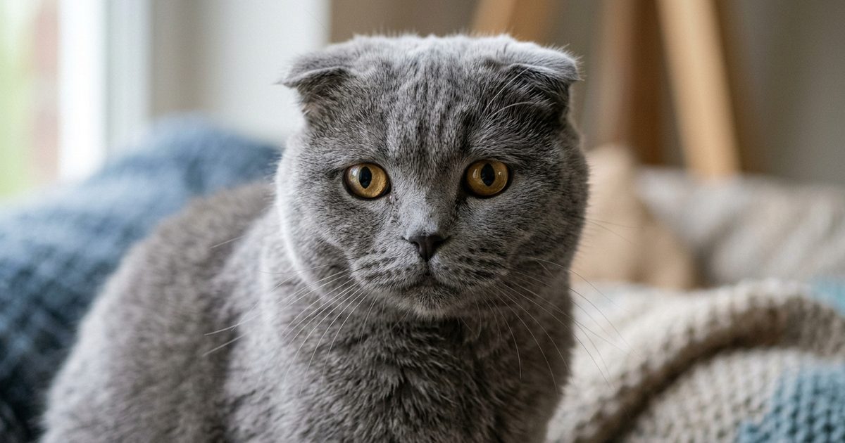 A macro close-up photograph of a Scottish Fold cat with folded ears and a round gray face, whiskers in focus, holding a subdued worried expression