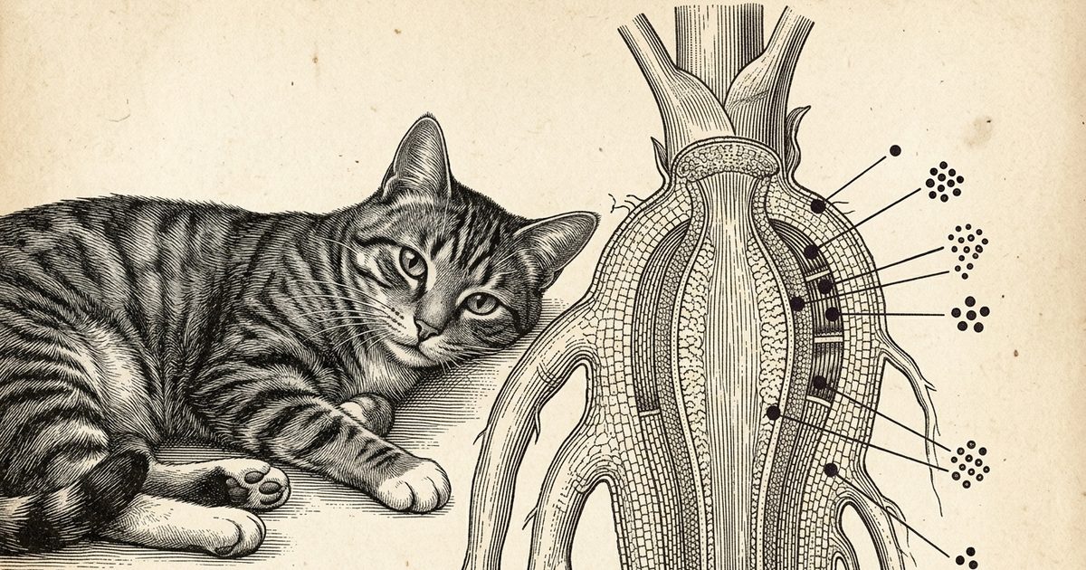 A botanical-plate engraving of a peony root and lower stem in cross-section with marker dots showing concentrated paeonol toxin layers