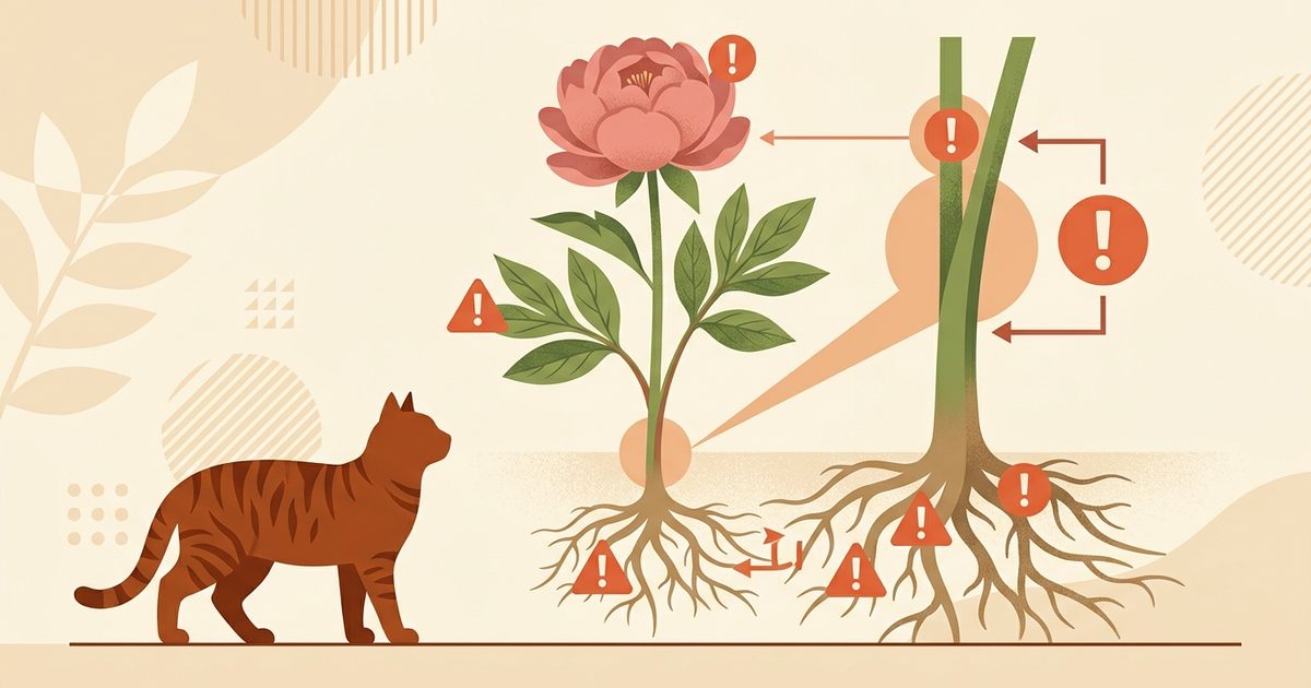 A vector infographic diagram of a peony plant with roots stems leaves and petals each marked to show where paeonol toxin concentrates