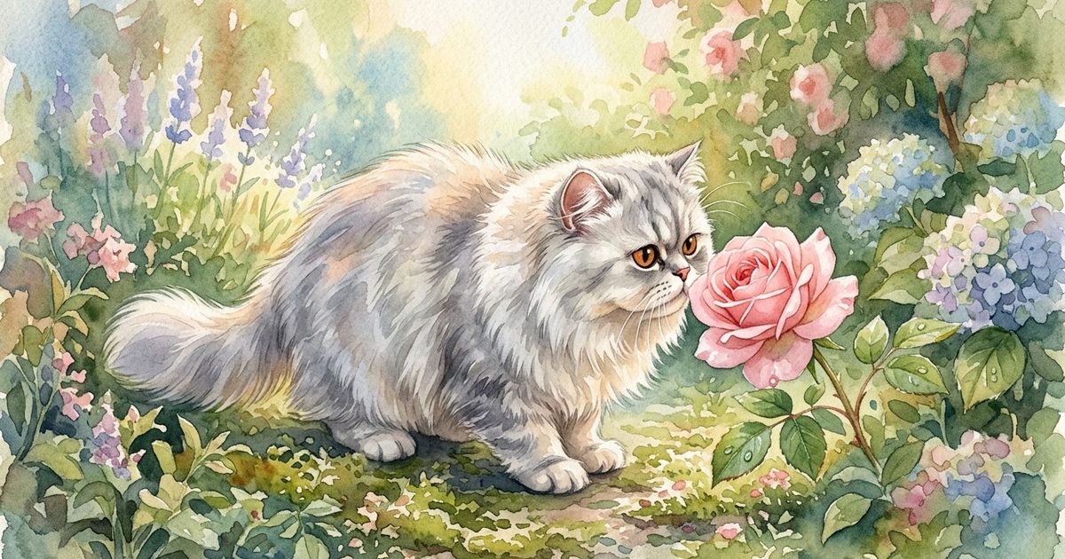A silver Persian cat gently sniffs a single open garden rose in a soft watercolor storybook illustration