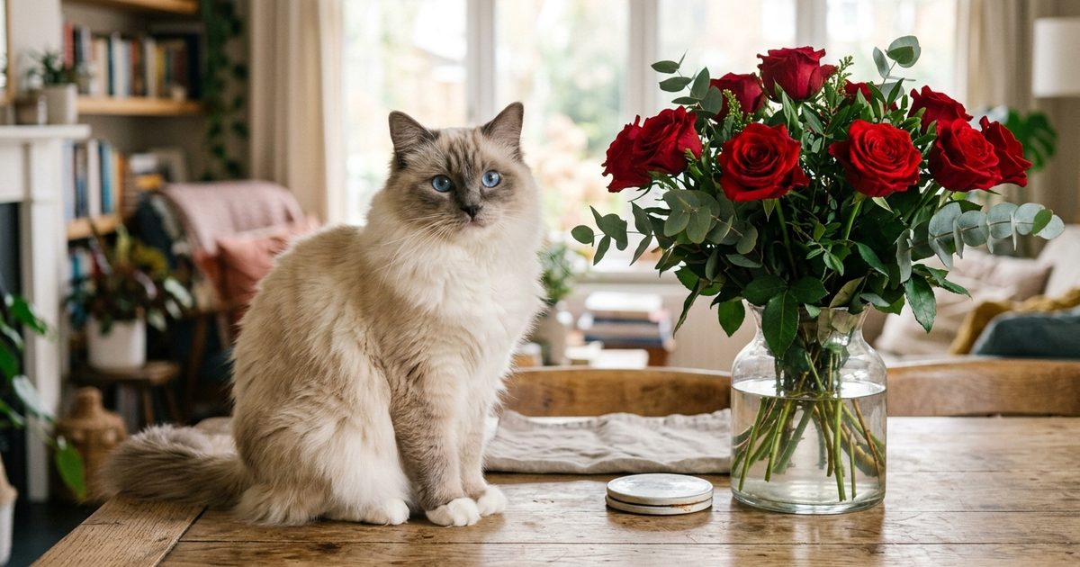A cream Ragdoll cat with colorpoint markings sits calmly beside a vase of red roses on a wooden table in a warm romantic domestic scene