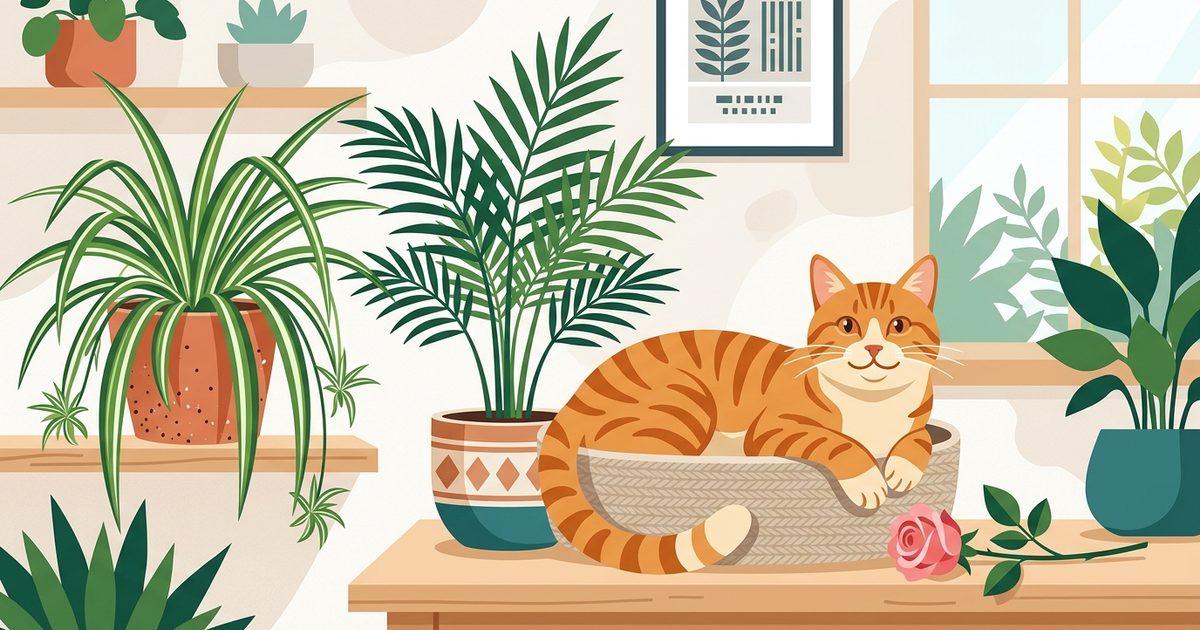 A flat vector illustration shows cat-safe plants and a prepared thorn-stripped rose beside a relaxed orange tabby