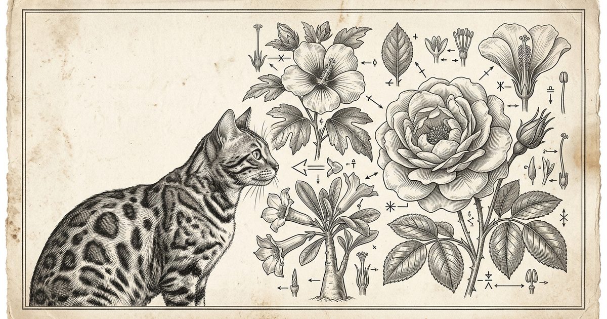 A vintage botanical encyclopedia plate contrasts true roses with toxic look-alikes as a spotted Bengal cat looks on