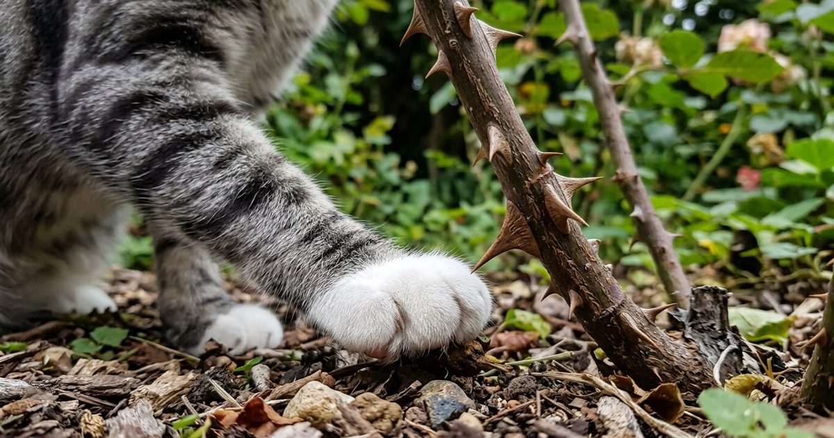 A gray tabby cat's paw rests cautiously near a thorny rose stem in sharp macro detail, alert and wary