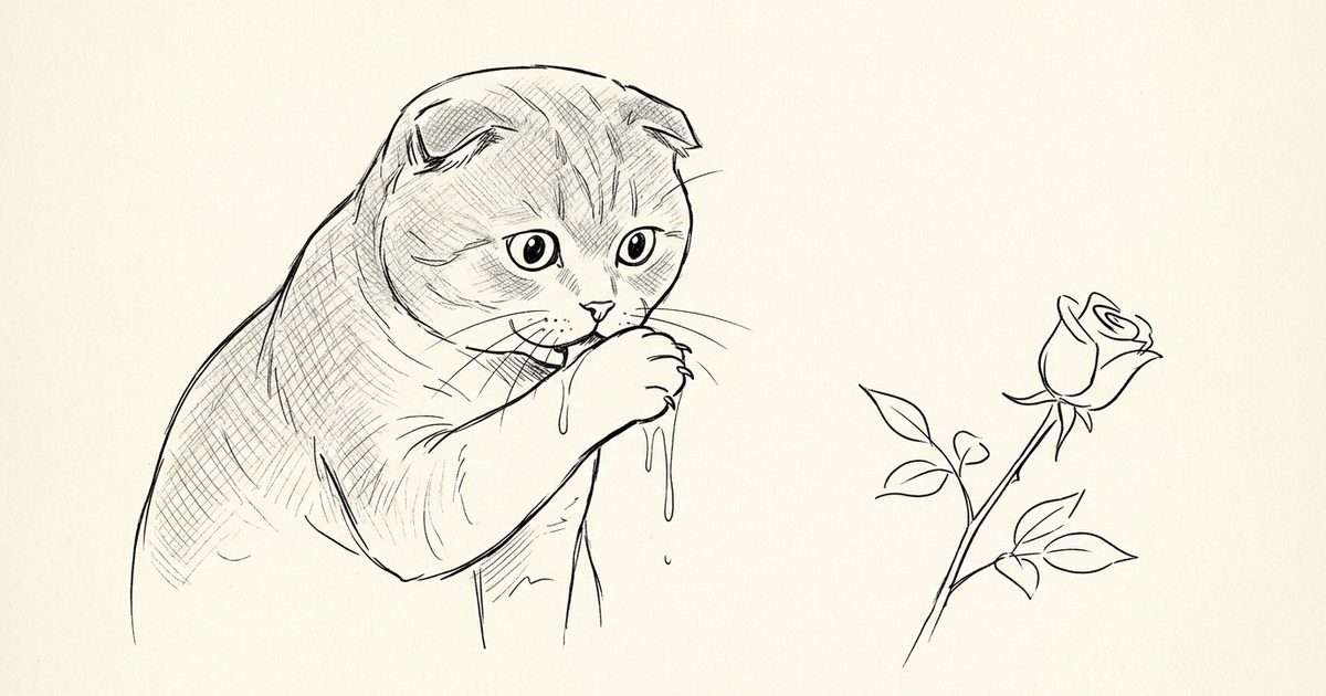 An ink line sketch shows a Scottish Fold drooling and pawing at its mouth after thorn contact with a rose stem