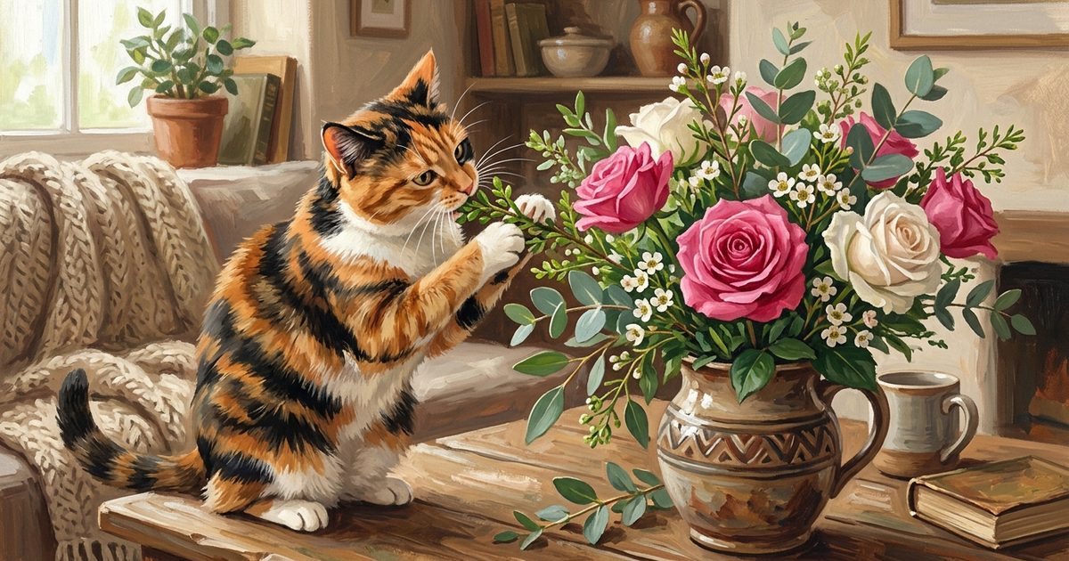 A calico cat investigates a bouquet's filler greens while ignoring the roses in a cozy gouache painting