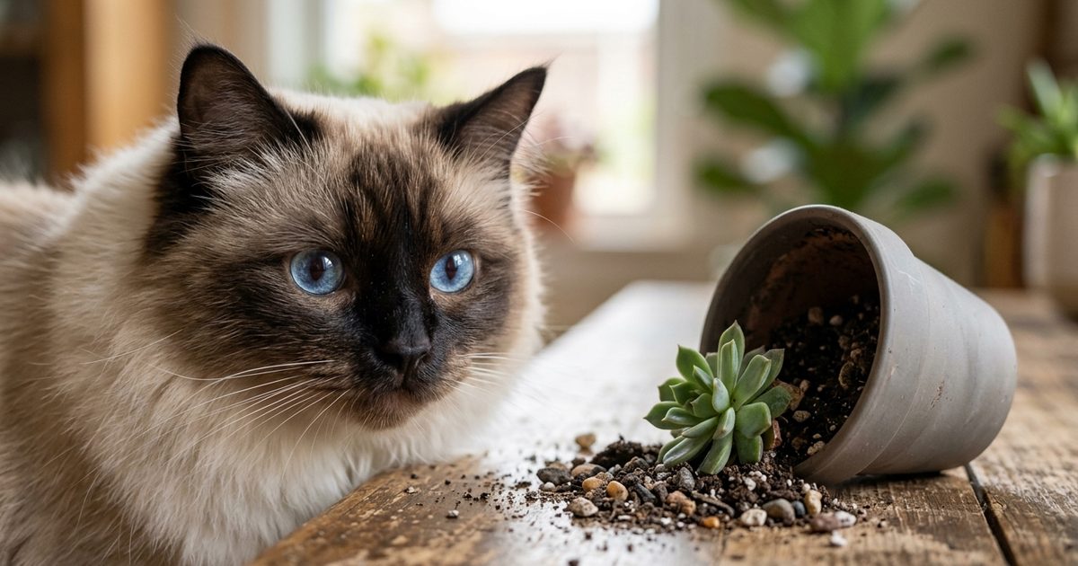 Ragdoll cat with cream fur, dark brown colorpoint face, and blue eyes beside a small toppled succulent pot, watchful concern