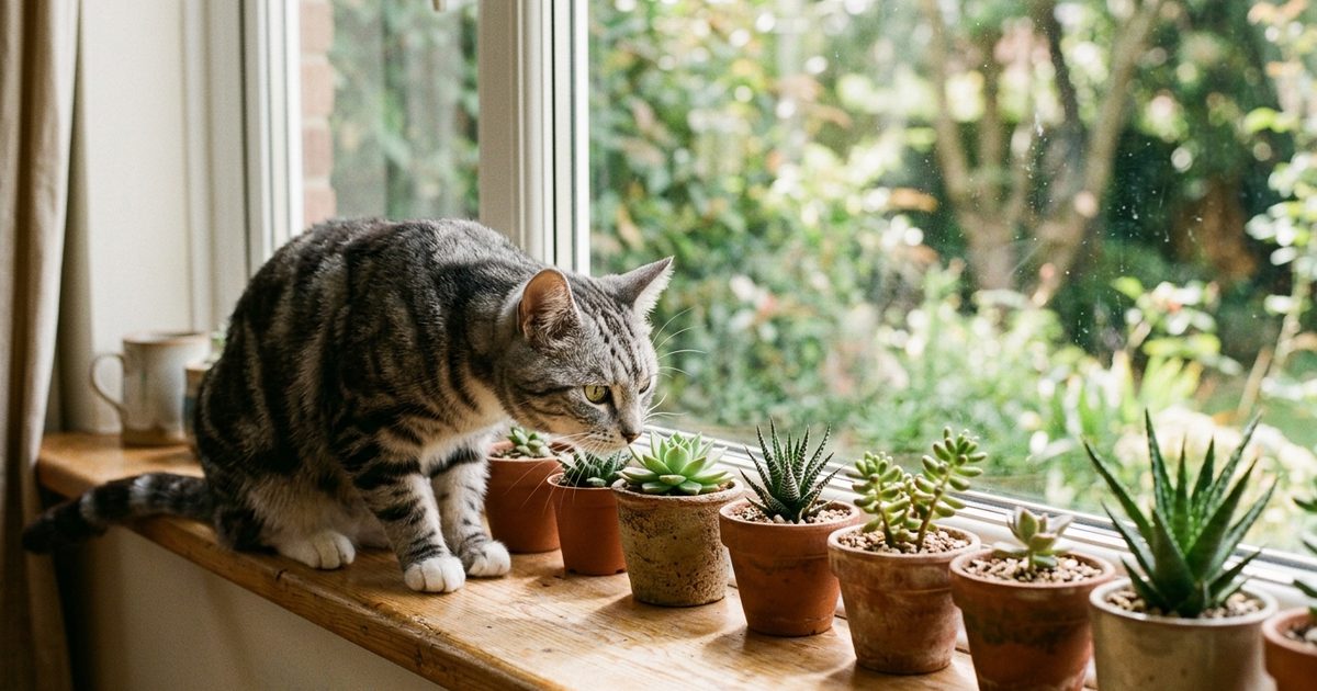 Gray tabby cat with white paws sniffing small potted succulents on a windowsill