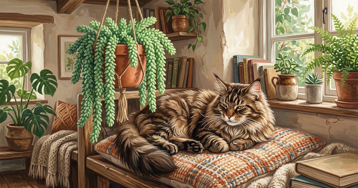 Maine Coon cat with long fluffy fur, tufted ears, and brown tabby coloring lounging beneath a hanging planter of trailing burro's tail succulents