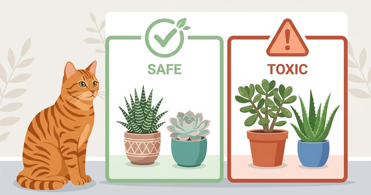 Infographic split down the middle, safe succulents like haworthia with a green check, toxic jade and aloe with a warning icon, curious cat silhouette below