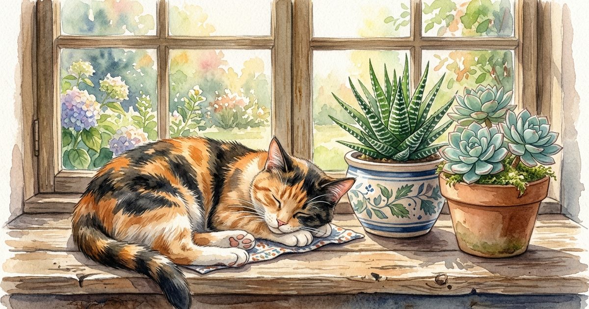 Calico cat with orange, black, and white patches sleeping beside potted haworthia and echeveria, warm reassuring watercolor illustration