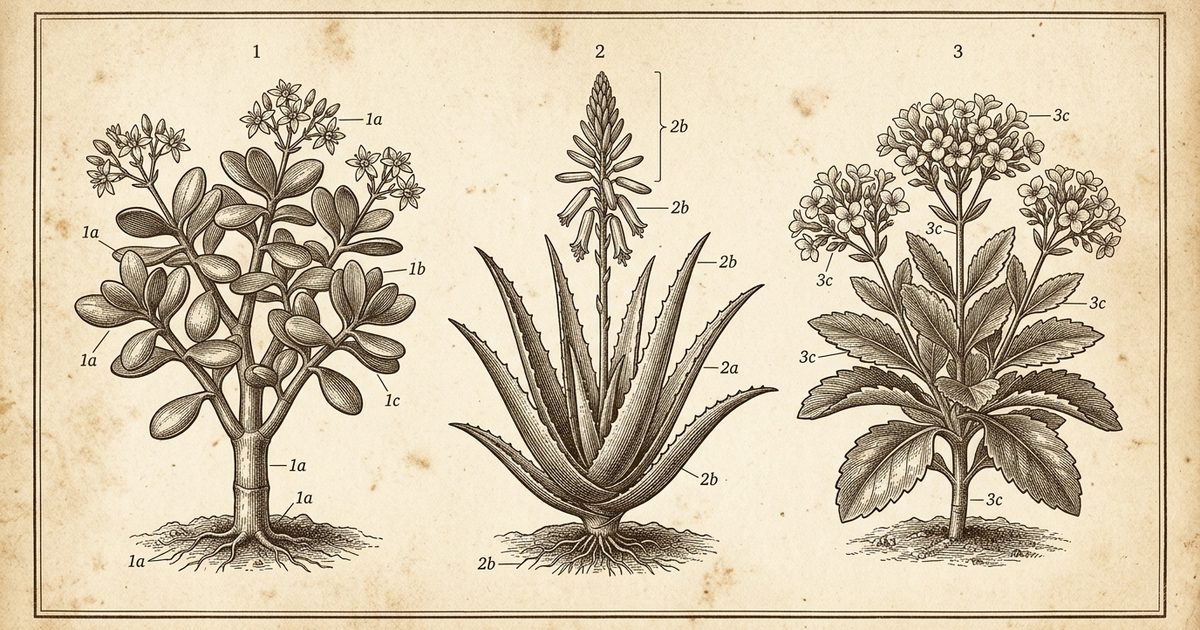 Vintage botanical engraving of a jade plant, an aloe plant, and a kalanchoe drawn side by side with hand-lettered labels