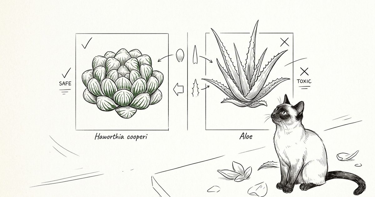 Siamese cat studying an ink line-art diagram comparing a safe haworthia rosette and a toxic small aloe rosette side by side with labeled distinctions