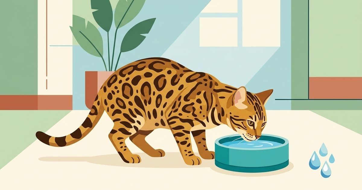 A Bengal cat with a wild-looking spotted golden-brown coat drinking from a clean stylized water bowl with a small fresh water droplet motif beside it, flat vector editorial illustration