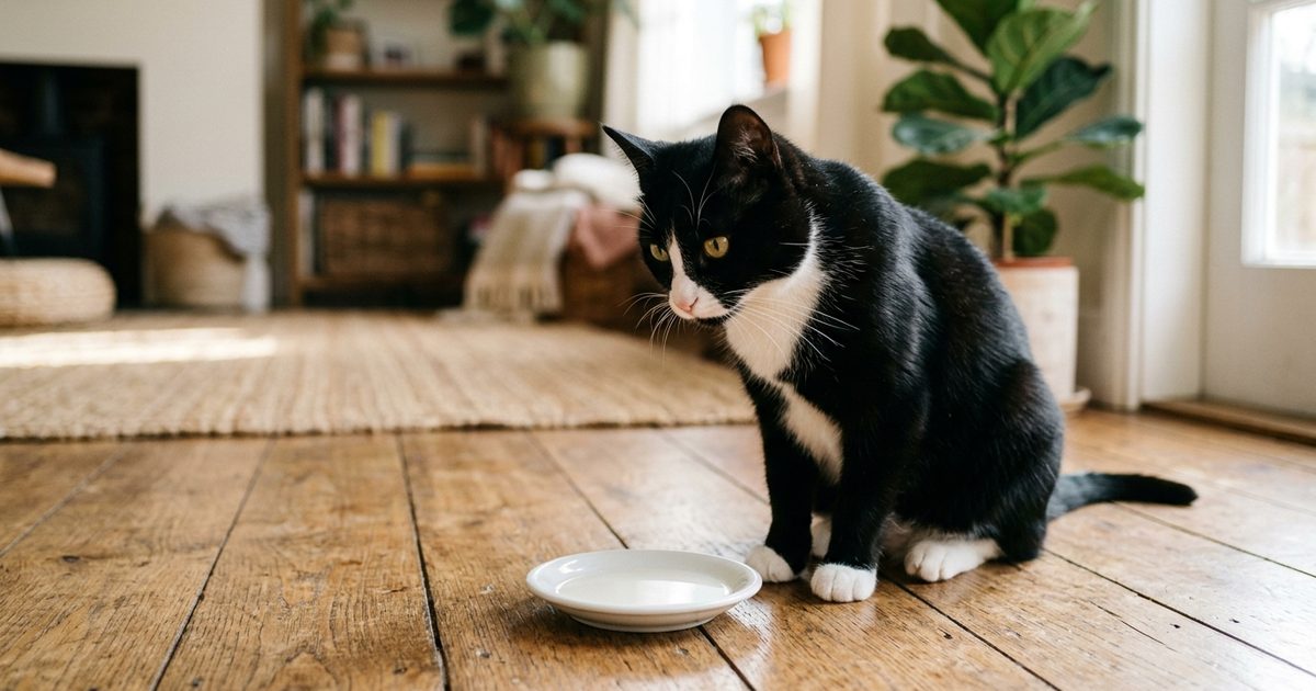 A tuxedo cat with a black coat, white chest and paws, and white whiskers beside a small saucer of milk on a warm wooden floor, head tilted, alert