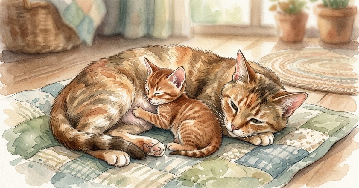 A tiny warm reddish-ticked kitten with large alert ears nursing beside its resting mother cat in a tender soft watercolor storybook illustration