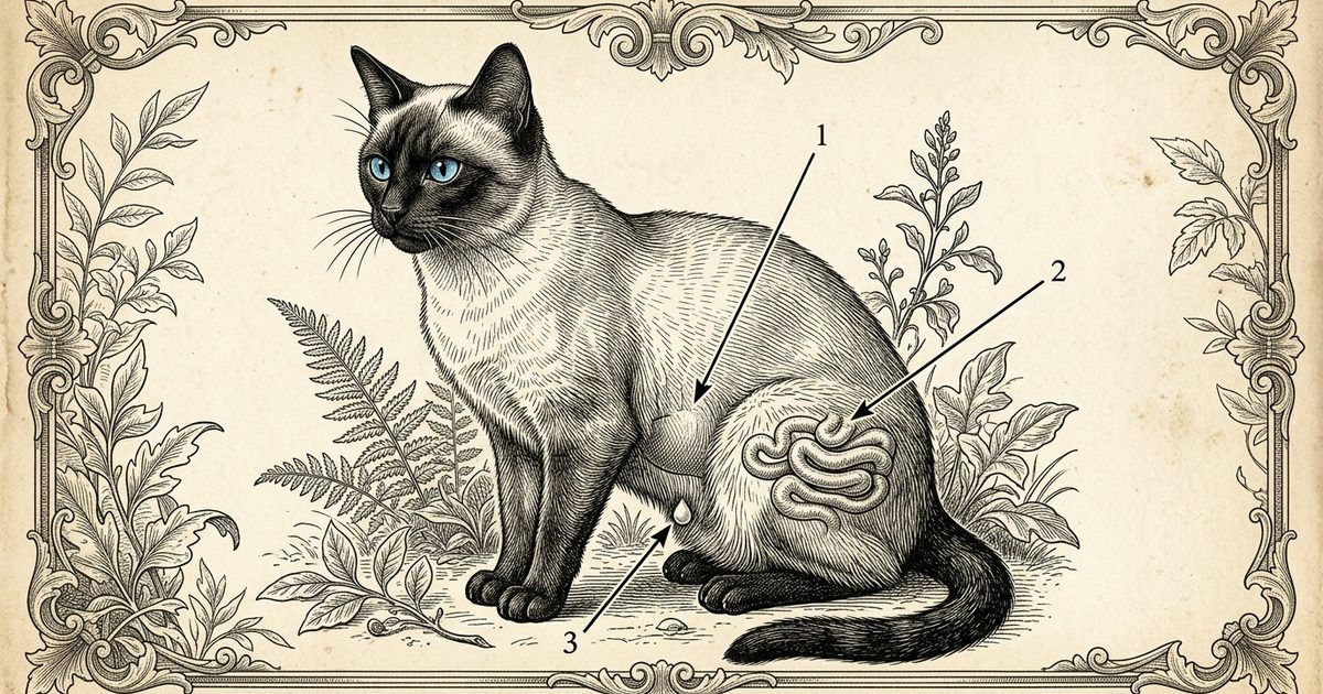 A Siamese cat with a cream body and dark seal-brown points as a vintage scientific encyclopedia engraving, with annotated callouts to the stomach, intestines, and a single milk droplet