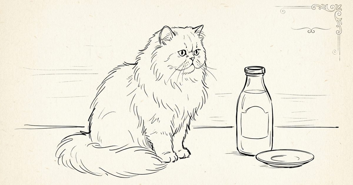 A Persian cat with a flat round face and long silver fur drawn as a minimalist ink line sketch beside a vintage glass milk bottle and saucer with a small cartoon-frame motif