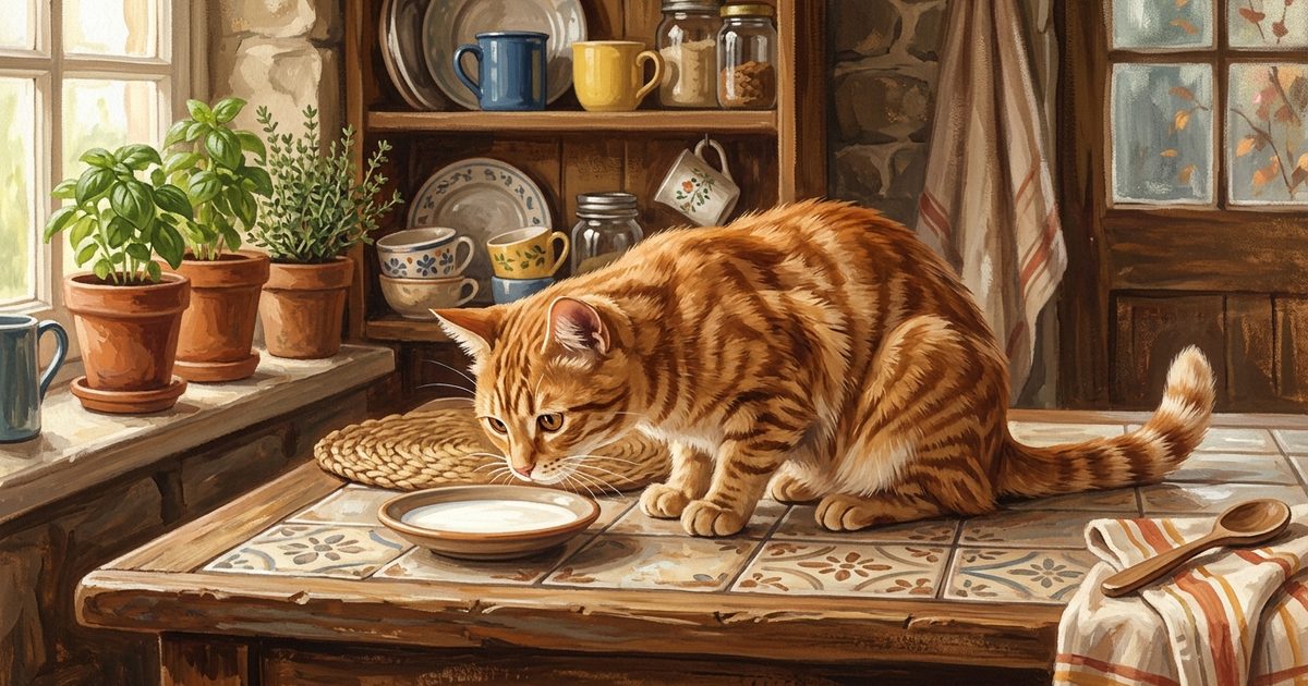 A ginger orange tabby with classic mackerel stripes sniffing a saucer of milk with a politely uncertain tilted-head expression in a warm painterly kitchen