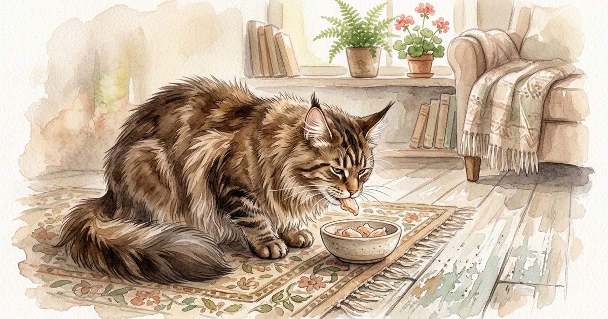 A large Maine Coon with long fluffy fur and tufted ears and paws happily eating a small piece of plain cooked chicken from a bowl, contented and relaxed, soft watercolor children's storybook illustration