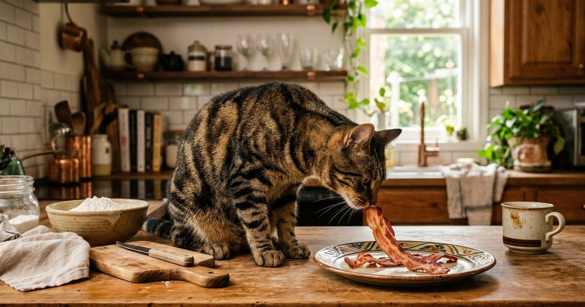 A brown tabby cat with bold black stripes and classic tabby markings sniffing a strip of bacon on a kitchen plate, curious and alert in a warm domestic scene with a gentle not-for-you mood